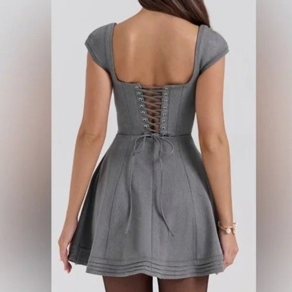 House of CB Cheri French Grey Fitted Mini Dress - Lace Up Back Fit Flare  L+ - Picture 16 of 16
